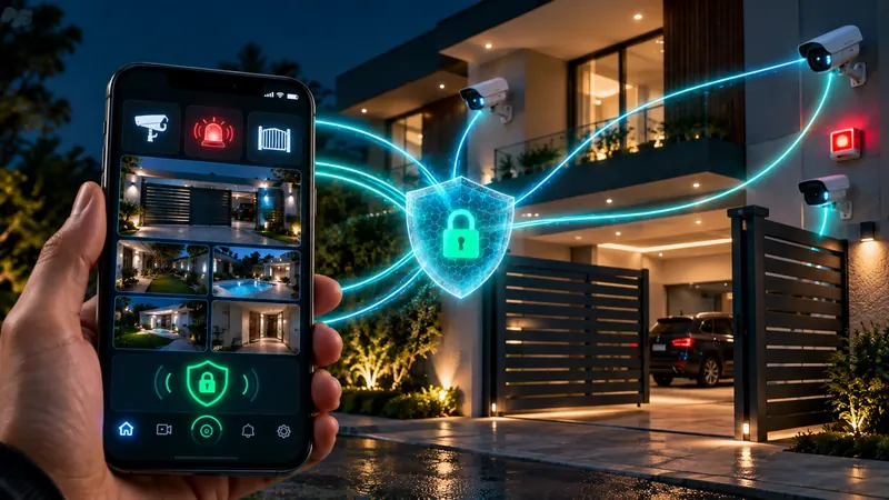 App móvil con cámaras, alarma y portón protegidos por un escudo de acceso remoto seguro